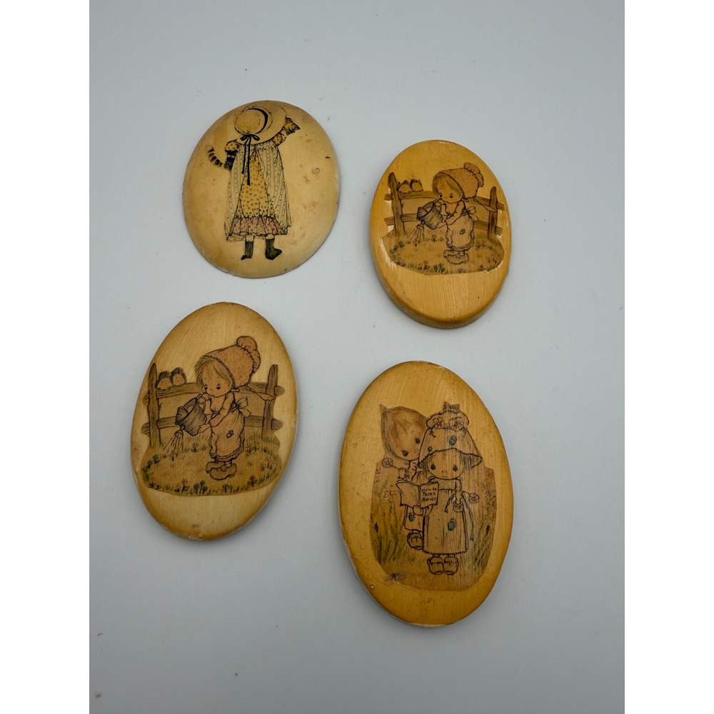 Vintage Precious Moments Holly Hobbie Style Wood Oval Wall Plaques Set of 4